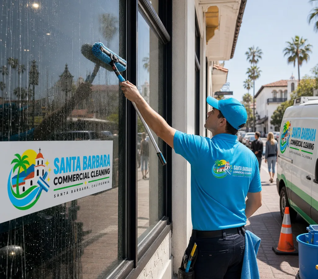 Technician cleaning large commercial storefront windows with a squeegee and scrubber on a Santa Barbara street