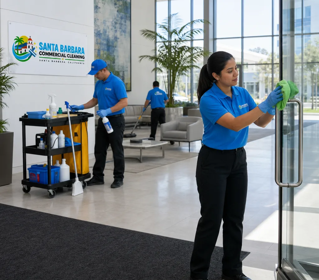 Uniformed commercial cleaning crew restocking supplies and wiping high-touch points in a modern Santa Barbara office lobby after hours
