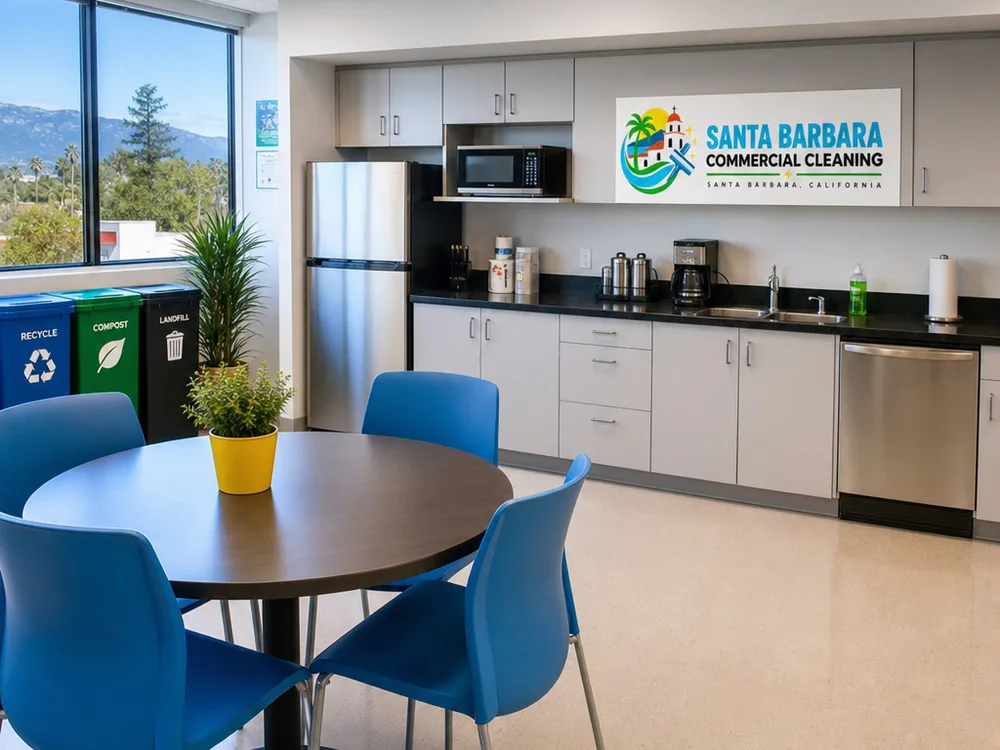 Clean commercial break room with wiped counters, organized trash area, and freshly cleaned floor